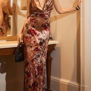 Multicolor Elegant Women's Floral Velvet Party Maxi Dress